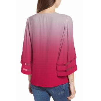 Purple Ombre Bell Sleeve V Neck Relaxing Fit Blouse Red